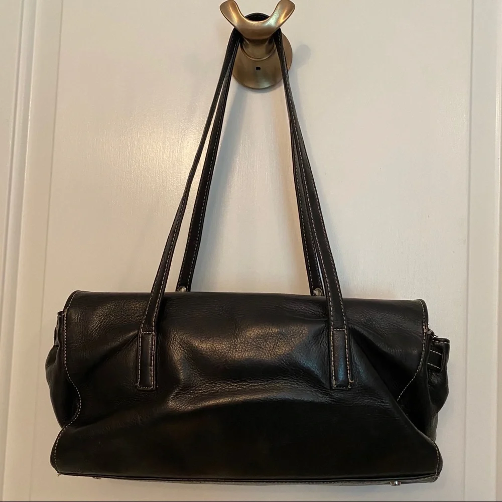PERLINA SHOULDER BAG SATCHEL BLACK LEATHER 2 STRAP FLAP CLOSE